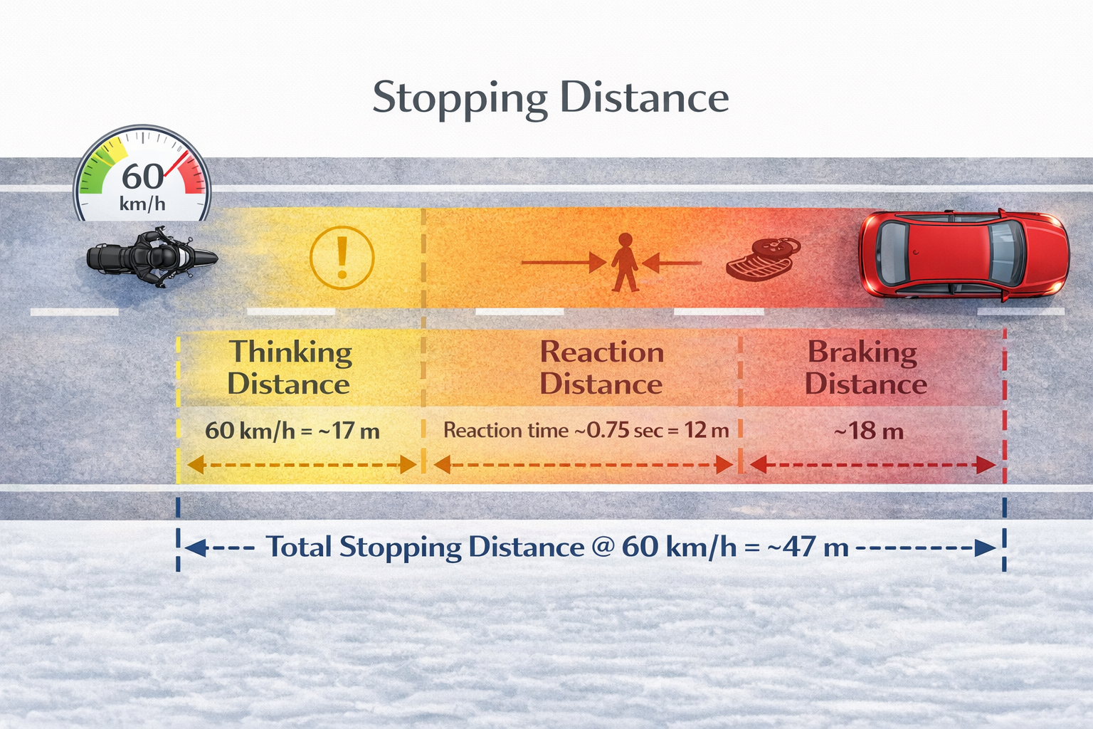 Stopping distance diagram showing the space needed to stop safely